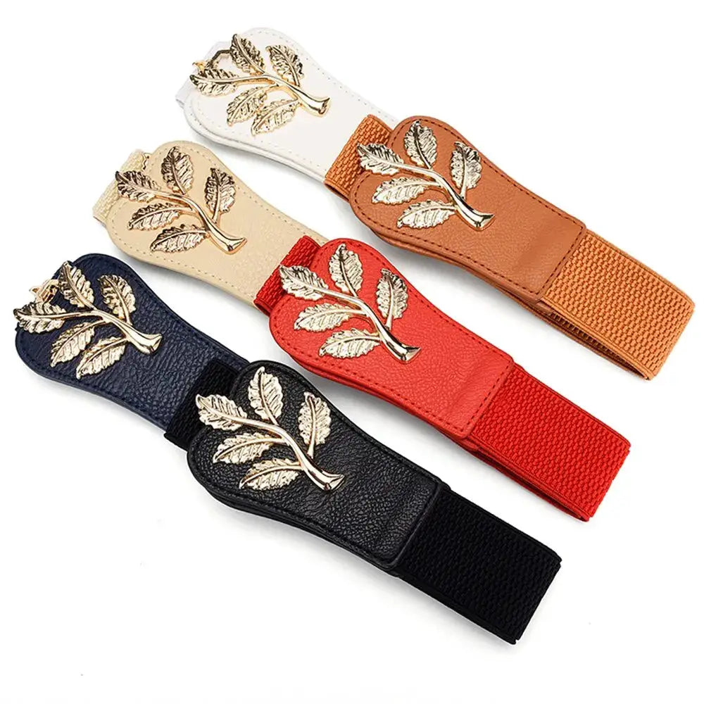 Aurora Women's Elastic Waist Belt With Gold Leaf Closure And Double Hook Buckle With Elegant Secure Fit