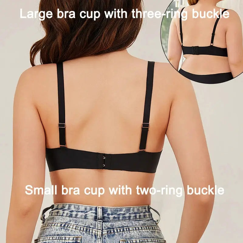 Push-up wireless bra in black with adjustable straps and back closure.