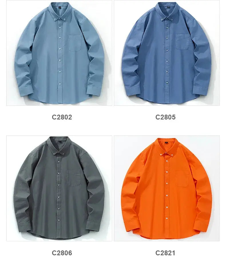 Classic Fit 100% Cotton Men’s long-sleeve Oxford shirt; four color options: light blue, blue, charcoal gray, orange.