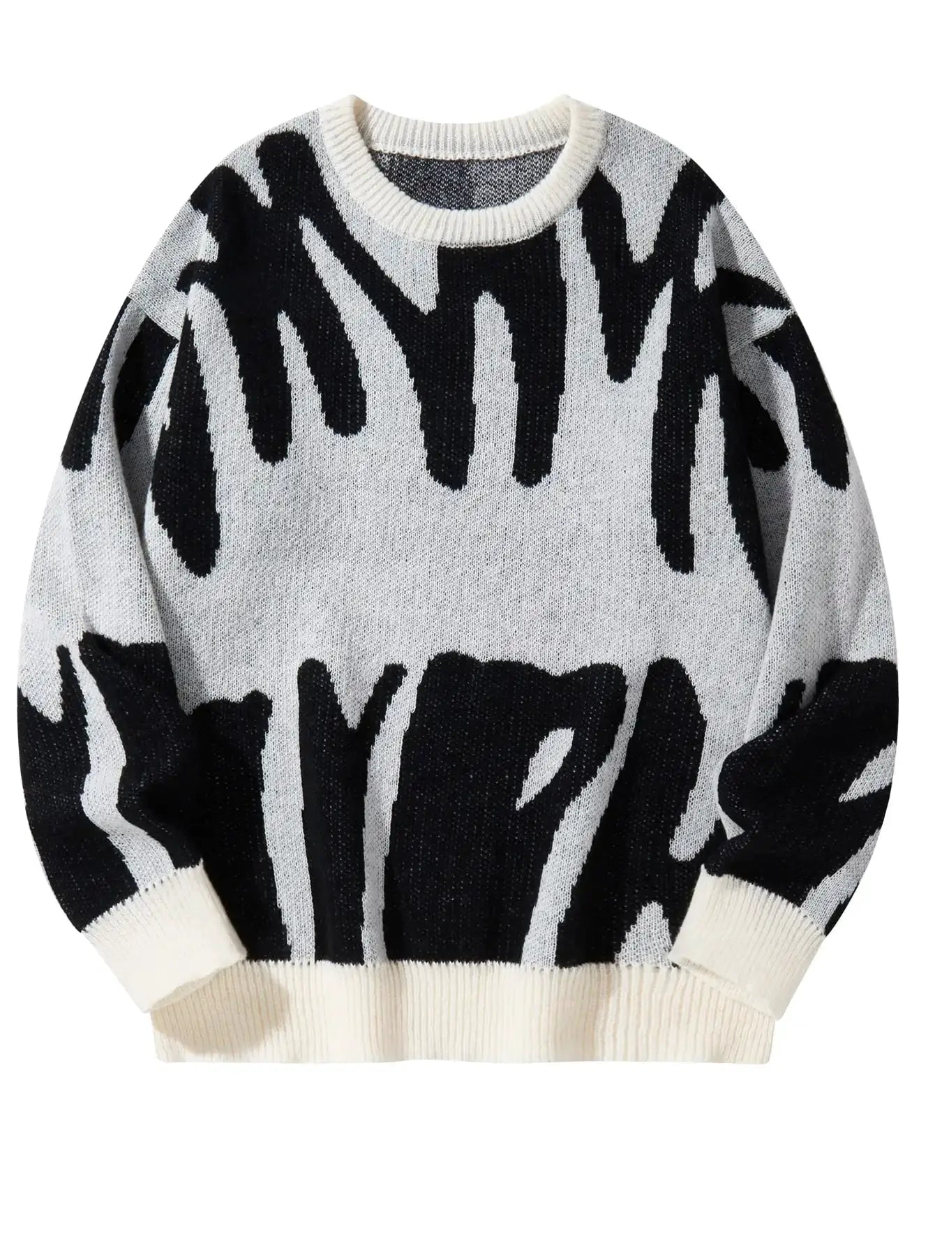 Pullover sweater with black and white irregular jacquard pattern and crew neck