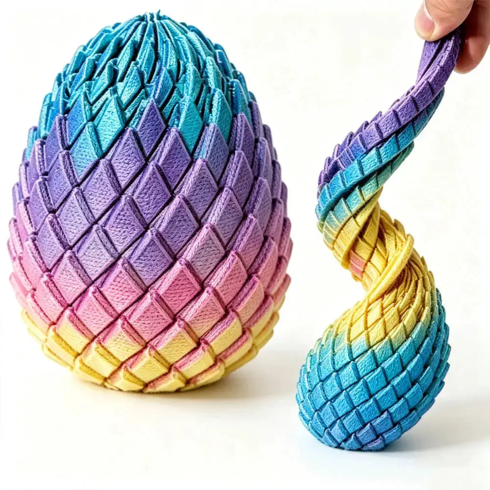 3D-printed dragon egg stress-relief model in rainbow gradient with interlocking scales; deformable twist desk ornament