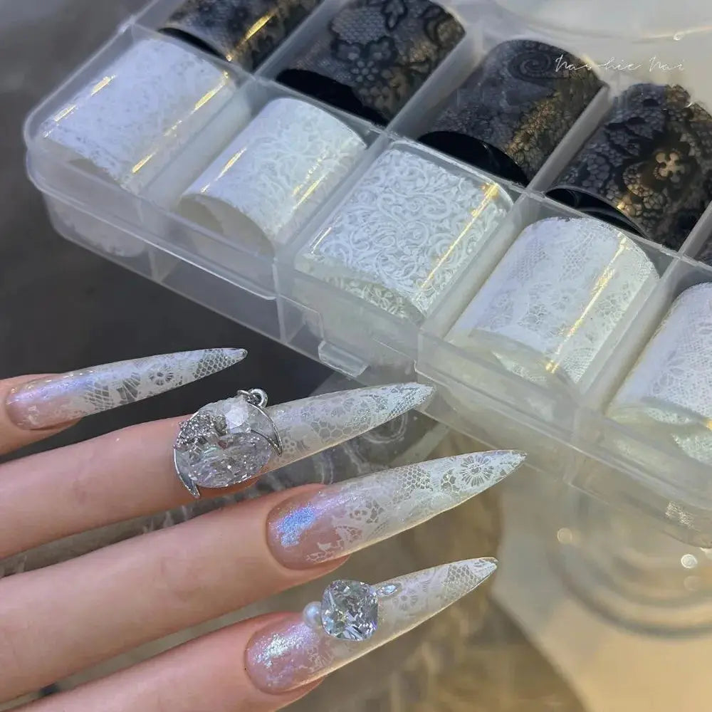 Nail transfer lace decals set, black and white floral full-wrap designs, 10 rolls/box