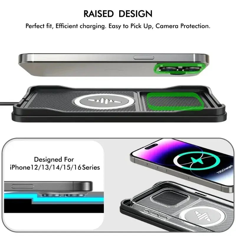 Car wireless charging pad by Simples Market; black chassis with green accent, compatible with iPhone 12–16 AirPods Pro 2