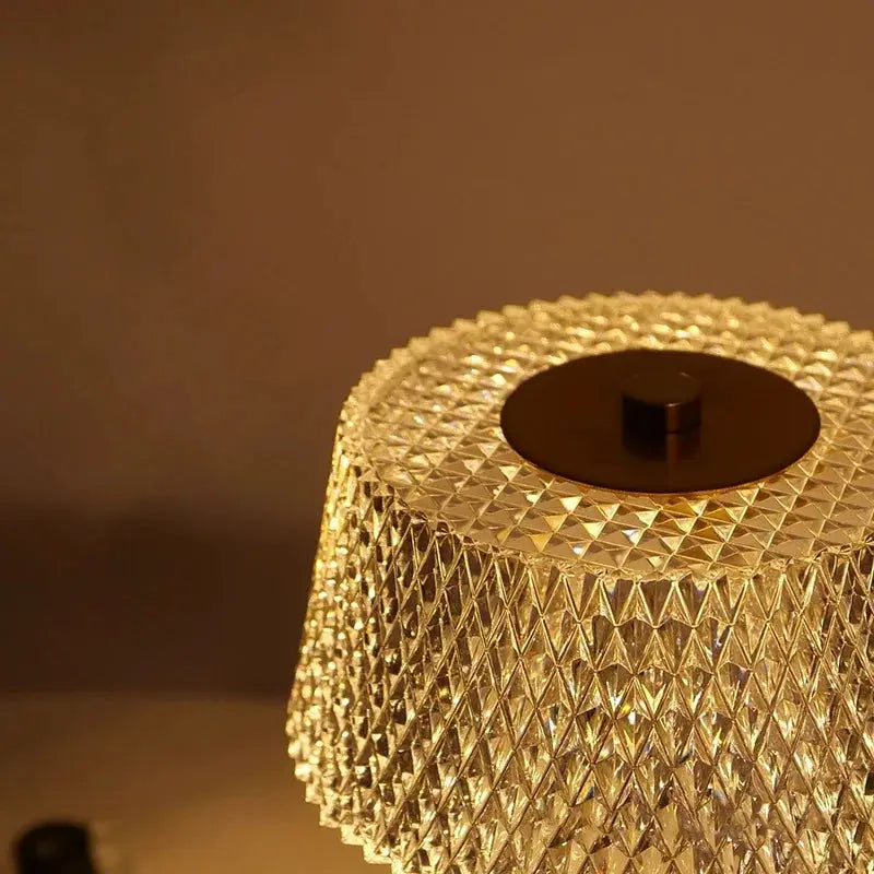 Rechargeable LED touch night light with diamond-pattern glass shade, warm amber glow by Simples Market