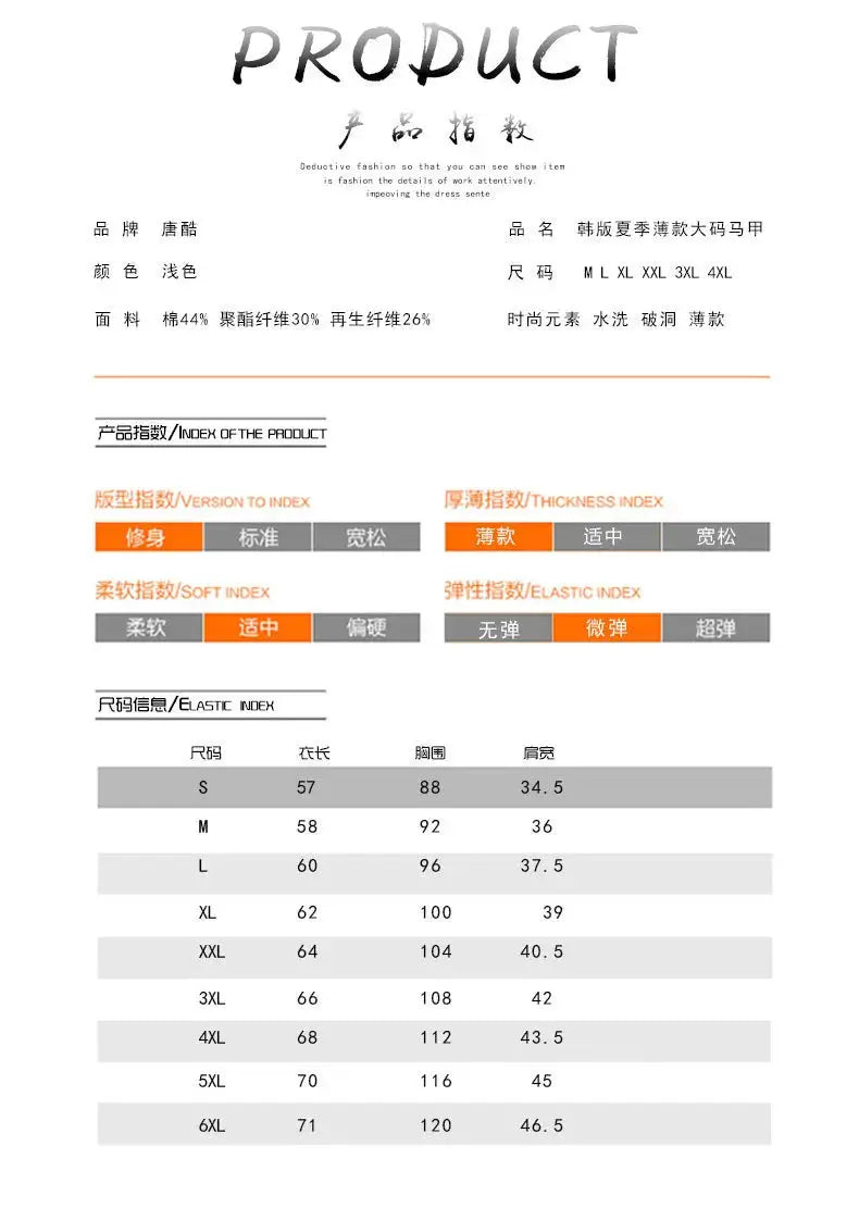 Men's denim sleeveless vest size chart showing S to 6XL with chest, waist and length measurements.