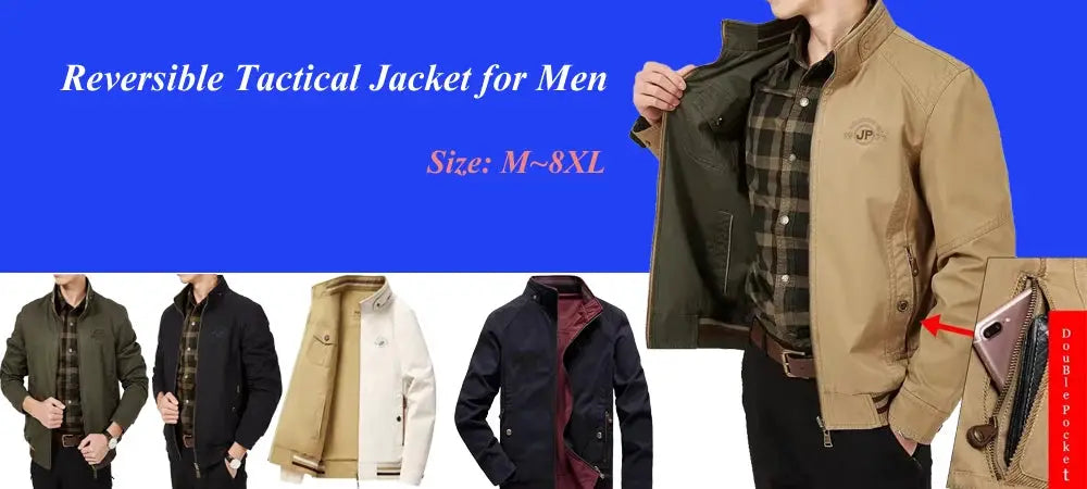 Reversible tactical jacket for men by Simples Market; multi-pocket, five color options on display