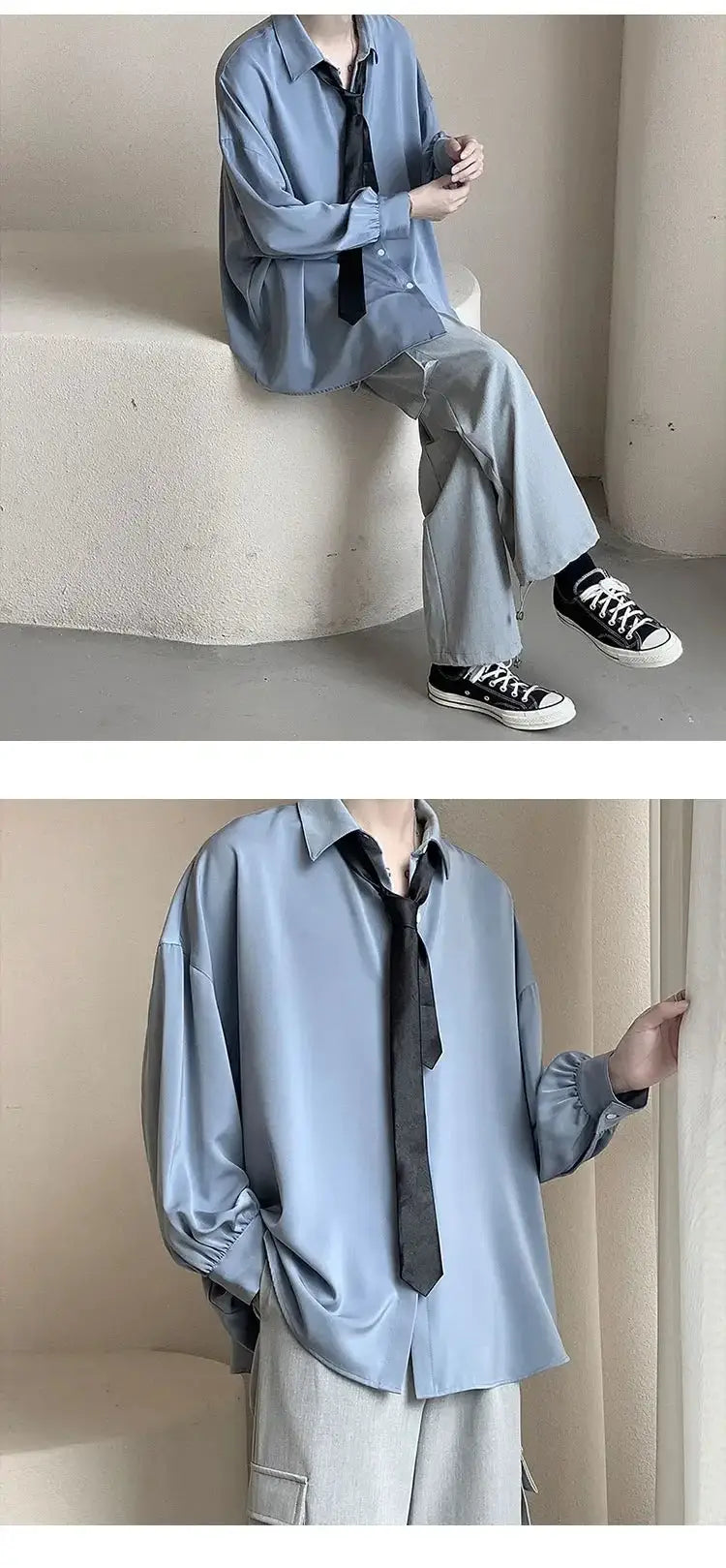 Men's oversized blue Korean-style shirt with black tie, breathable casual blouse