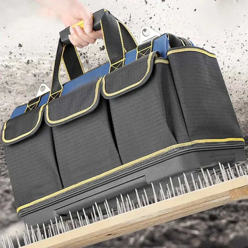 Simples Market multifunctional tool bag with multiple pockets, black with yellow trim, waterproof