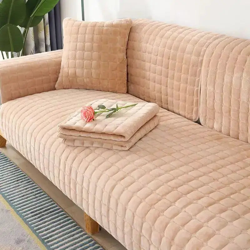 Simples Market beige flannel quilted sofa cushion cover set with non-slip backrest and plush seat cushions