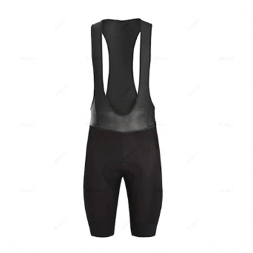 Black men's cycling bib shorts with wide shoulder straps for road racing