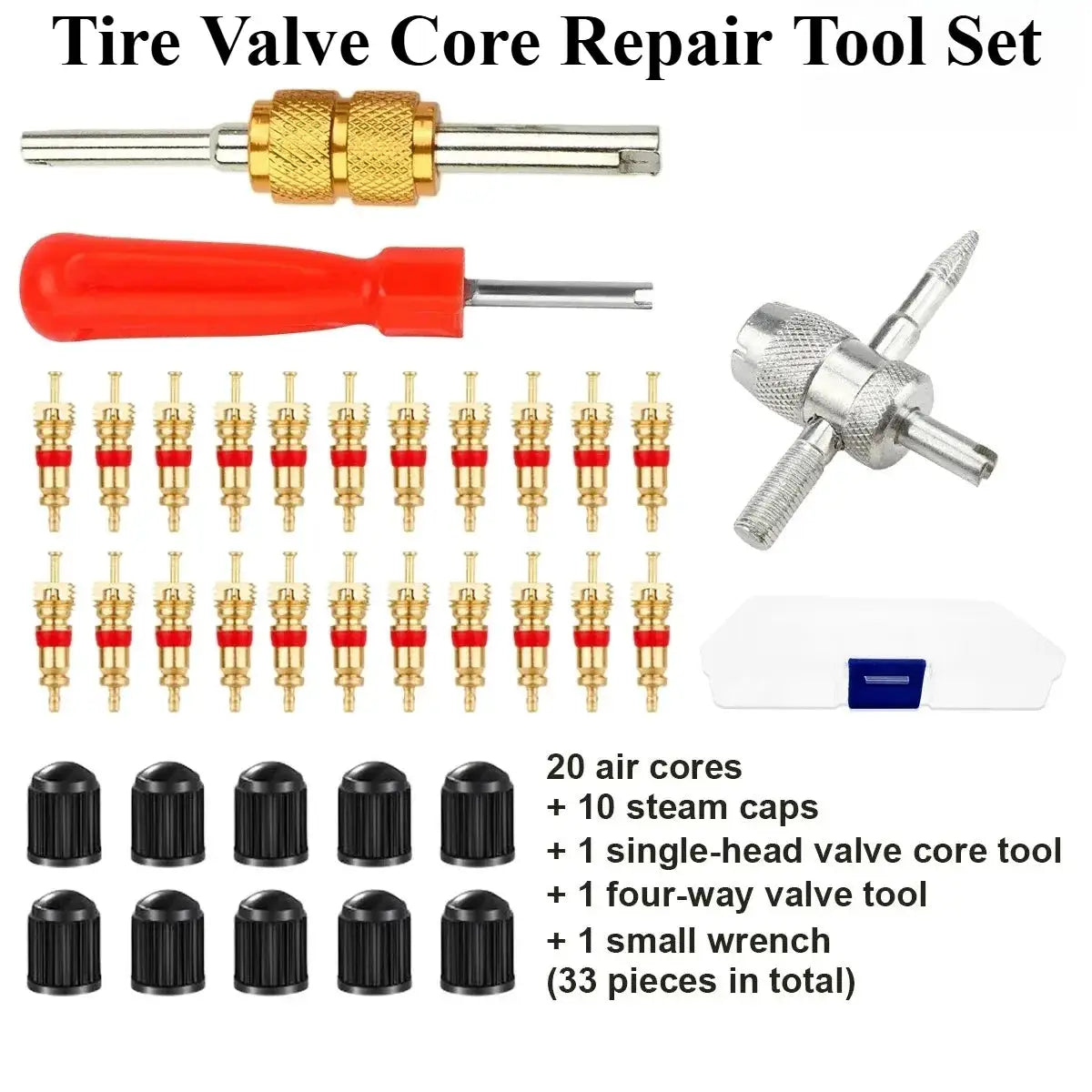 Universal tire valve core repair tool set by Simples Market; 33 pieces (20 cores, 10 caps, red-handled installer)