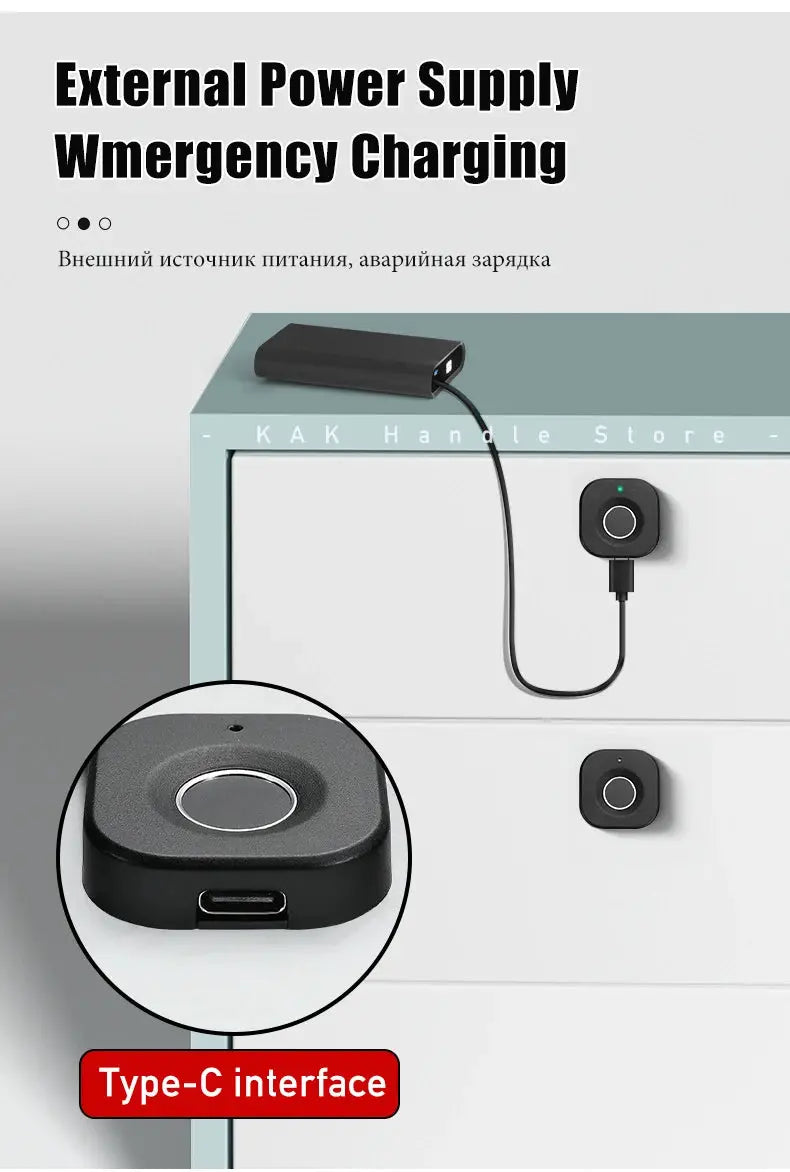 KAK biometric fingerprint lock, black keyless cabinet/drawer lock with Type-C charging port; two units shown.