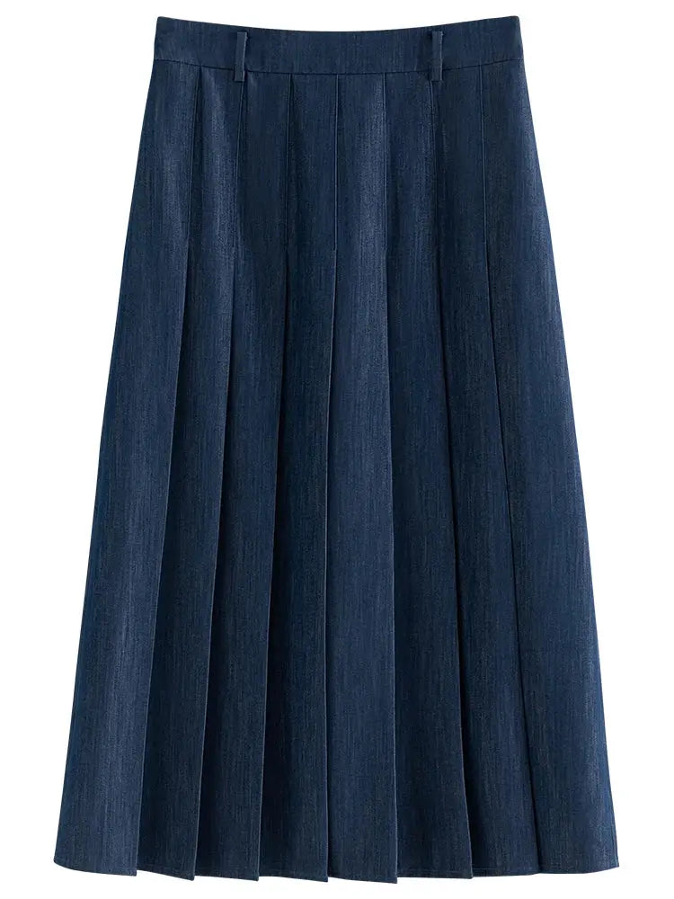 Long pleated skirt in navy blue denim-style with waistband.