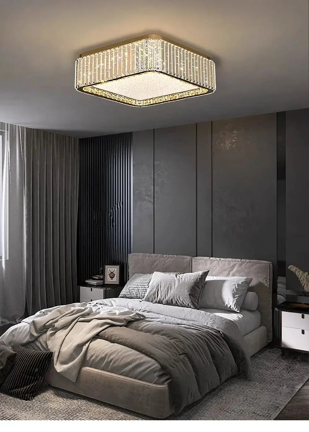 Crystal square ceiling lamp with hanging crystal strands and silver frame for bedroom or living room