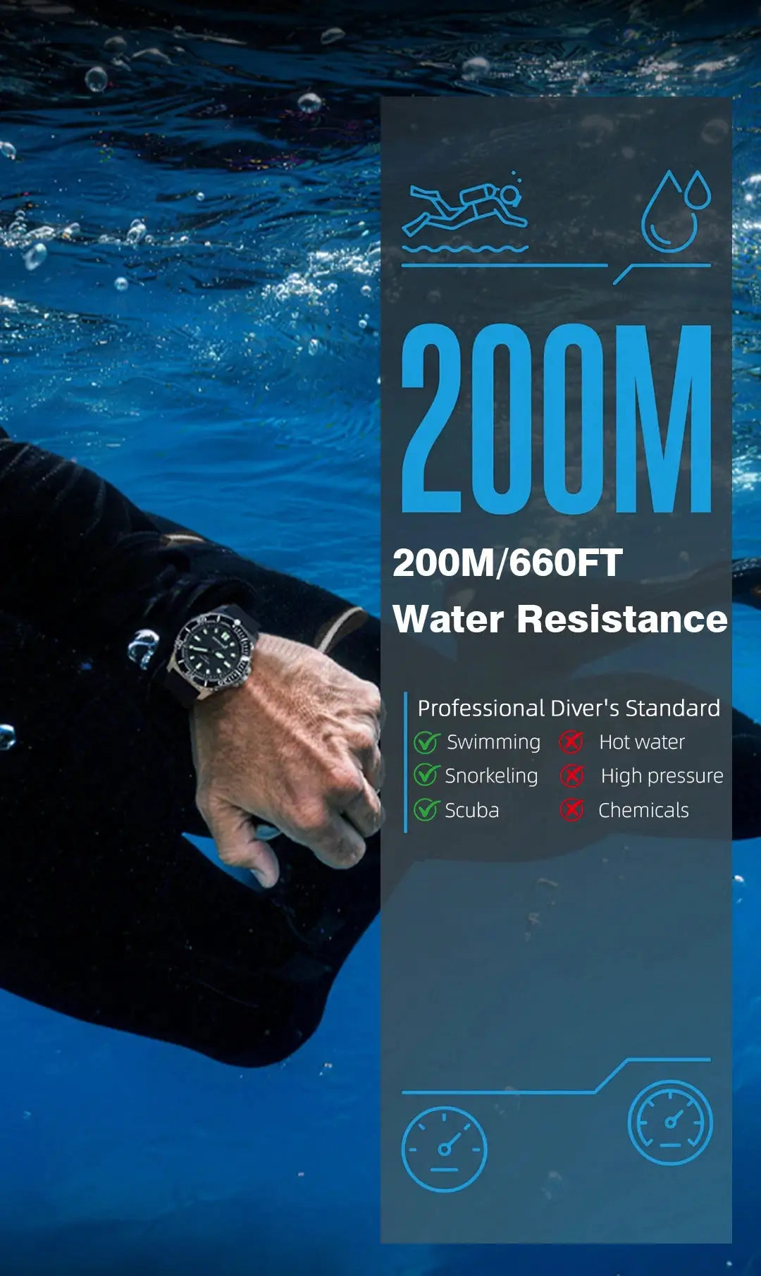 North Edge Abyss men's solar-powered dive watch, black dial, 316L steel case, 200m water resistant, Simples Market.