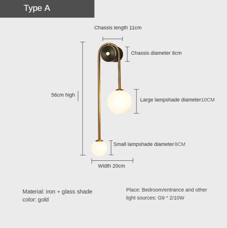 Modern gold wall lamp with iron frame and two glass ball shades for living room or bedroom, Simples Market.