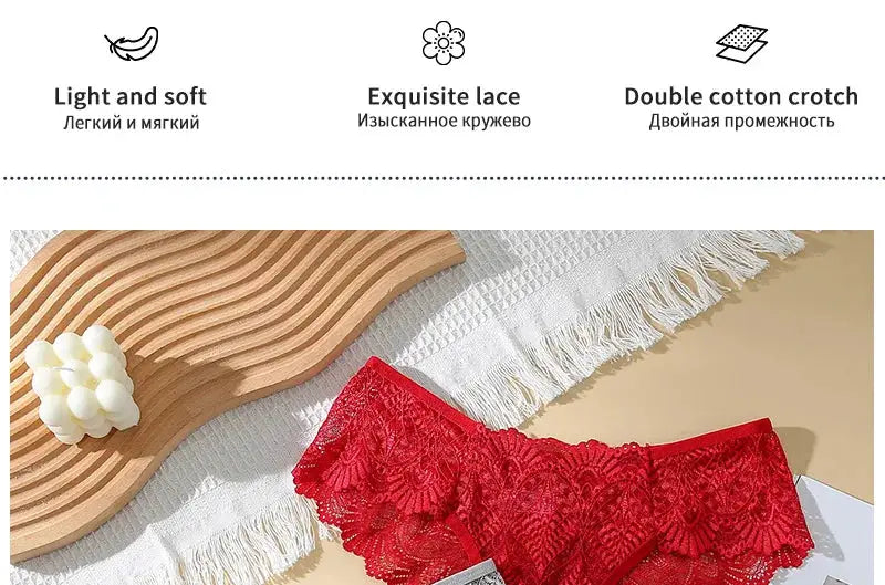Red lace mid-waist panties by Simples Market, breathable seamless women's underwear for summer