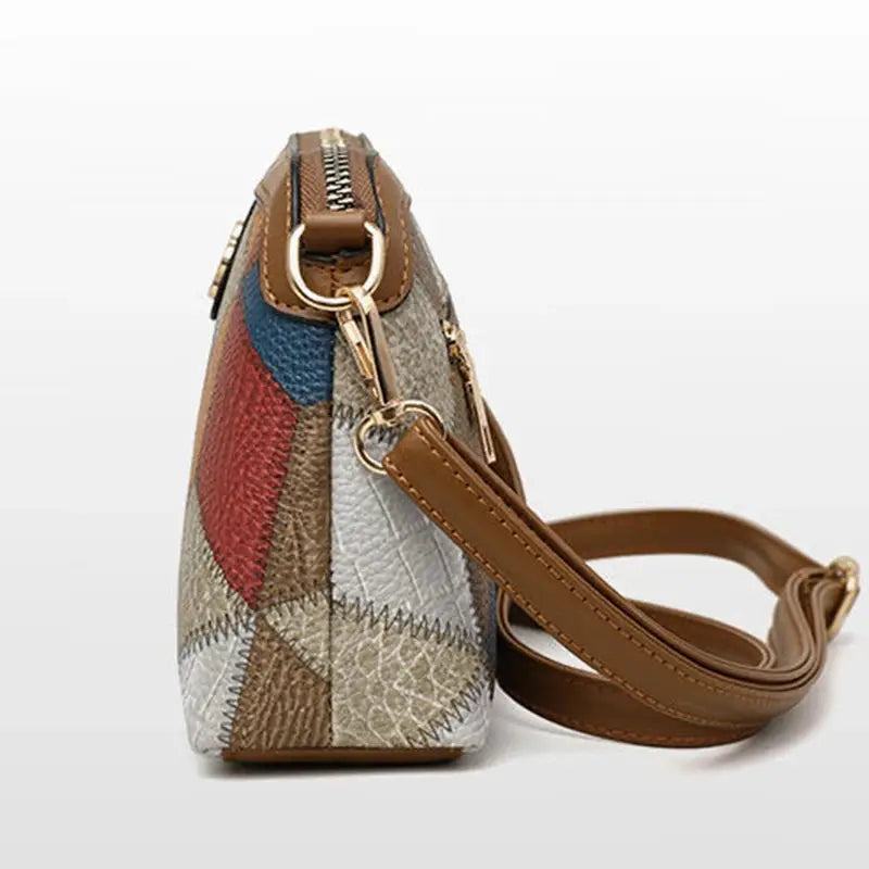 Patchwork crossbody bag, small-sized ethnic style, multicolor leather panels, brown strap
