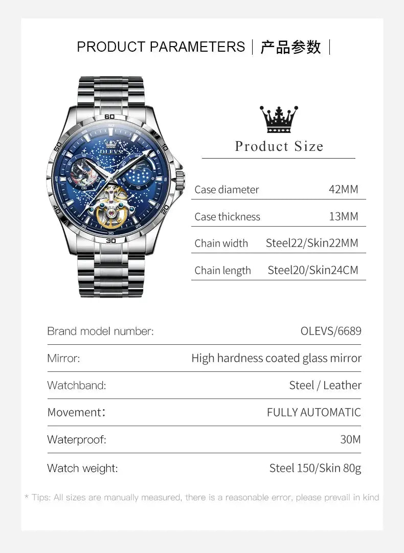 OLEVS flywheel skeleton automatic watch for men with blue starry-sky dial and stainless steel bracelet