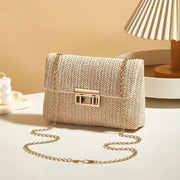 Crossbody bag for women by Simples Market, beige woven texture with gold chain strap.
