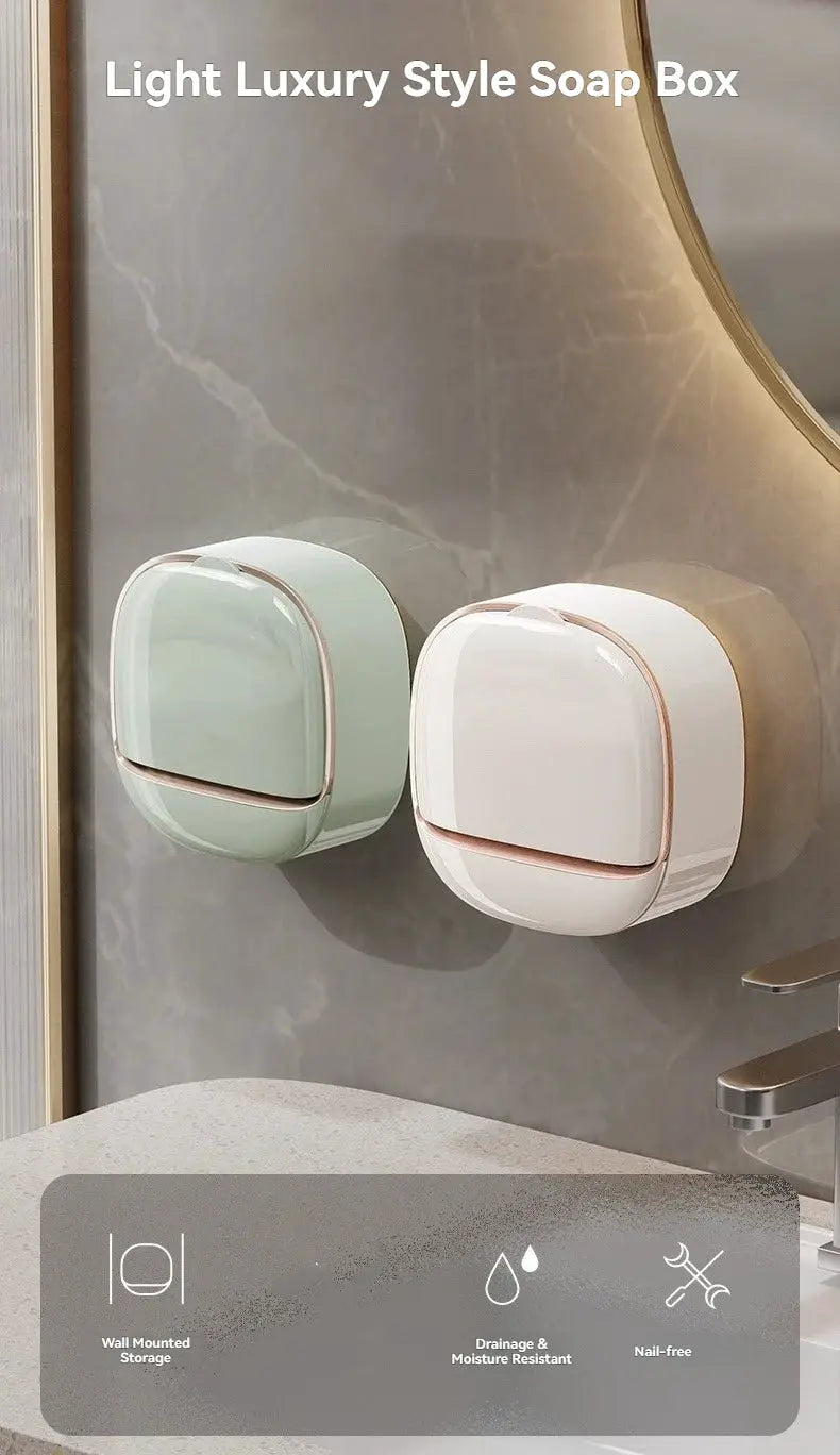 Simples Market pair of waterproof wall-mounted soap boxes in mint green and white with drainage for bathrooms.