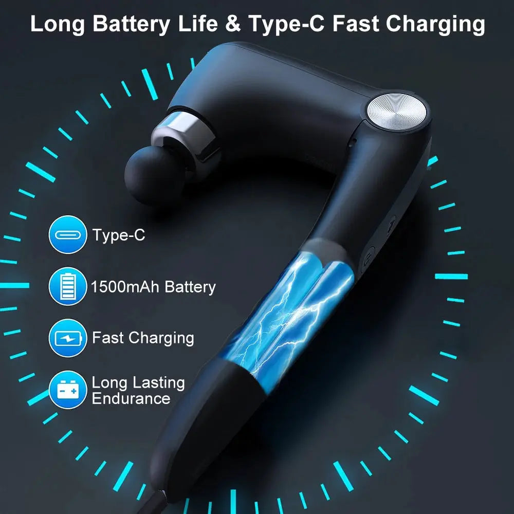 Fascia massage gun by Simples Market, black handheld muscle massager with blue accents.