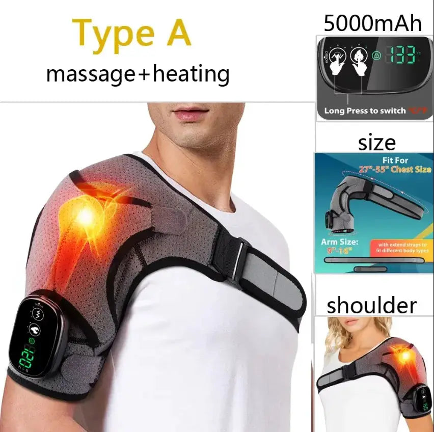 Shoulder heating massage brace, adjustable black/gray wrap with battery pack