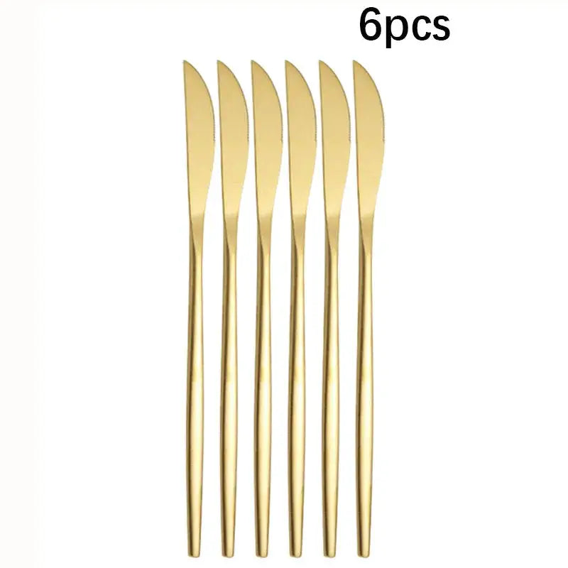 Golden Stainless Steel Portuguese Cutlery Set 6pc or 30pc Upscale Dinner Knife Fork Spoon Teaspoon Chopsticks