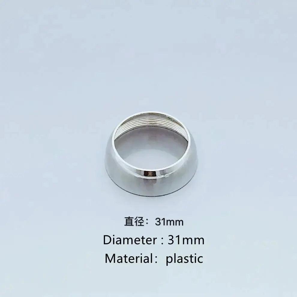 Faucet fixing cap cover, 31mm diameter, plastic, silver tone.