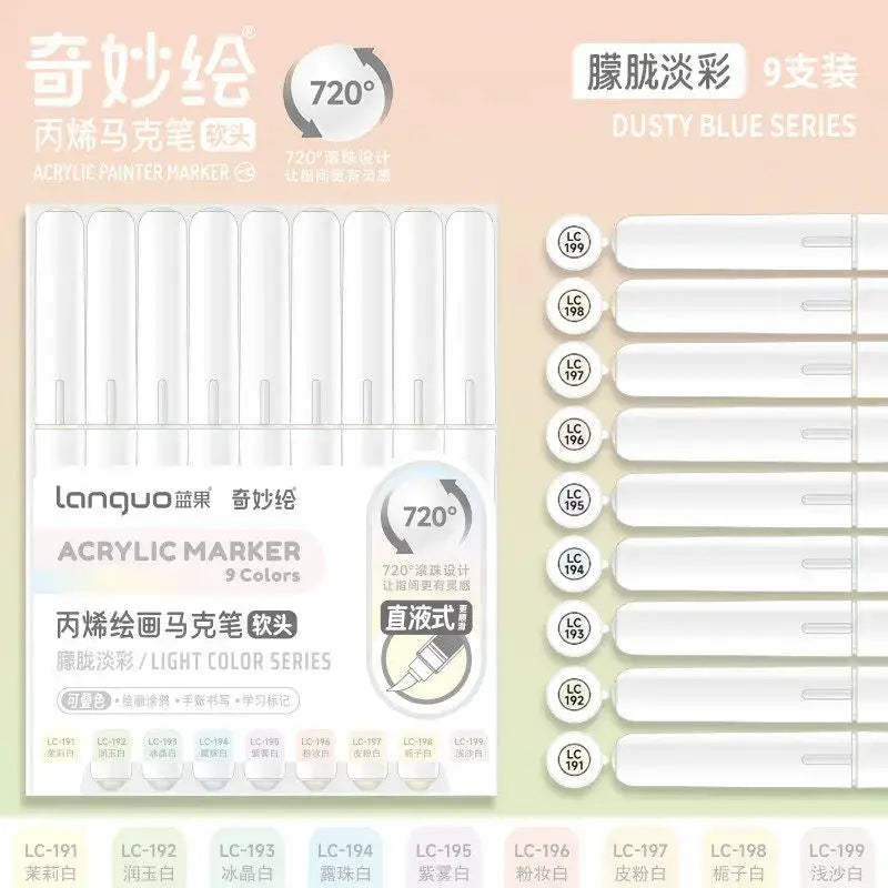 Acrylic marker pen set, Simples Market, 9 colors with soft brush tips, dusty blue series for notebooks and art