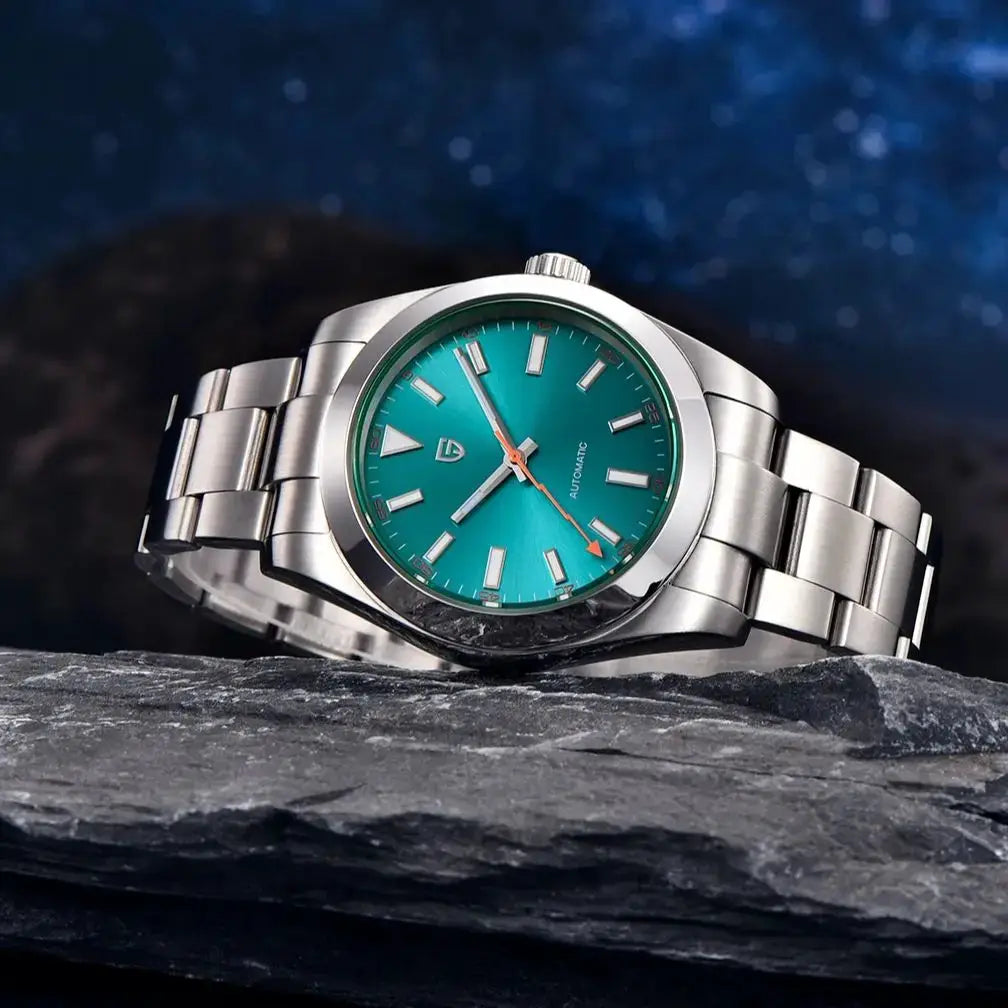 PAGANI DESIGN men's green dial automatic wristwatch with stainless steel bracelet