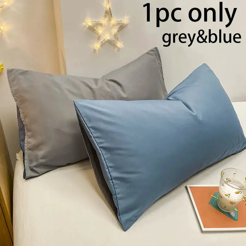 Color-block pillowcases in blue and grey for two pillows; 100% cotton brushed, soft and cozy with envelope closure