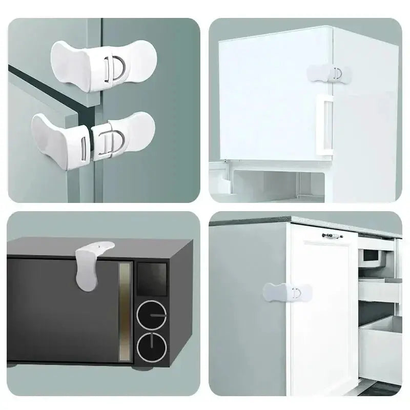Baby Safety Drawer Cabinet Locks, four-pack by Simples Market, white anti-pinch latch set for cabinets and drawers.