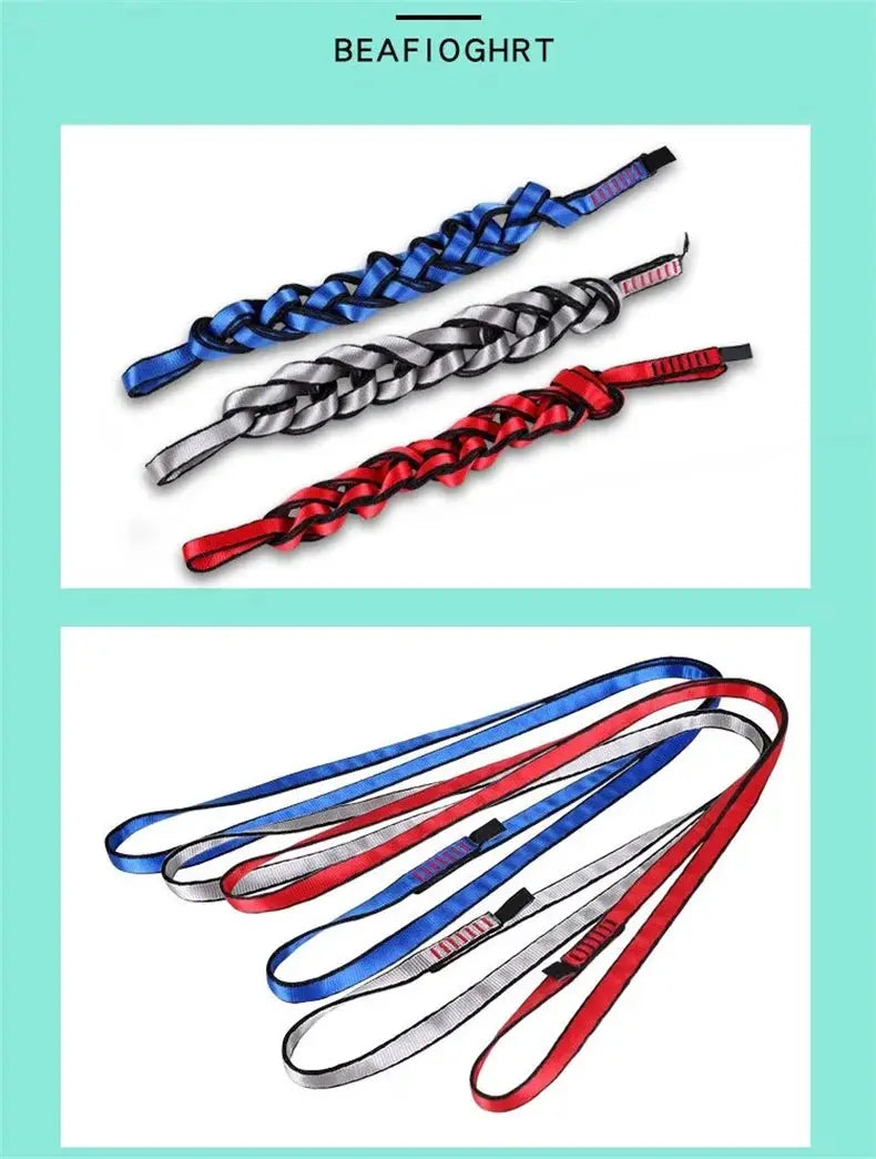 Simples Market 22kN rock climbing slings: braided polyester in blue/gray/red; webbing slings in blue/red/white