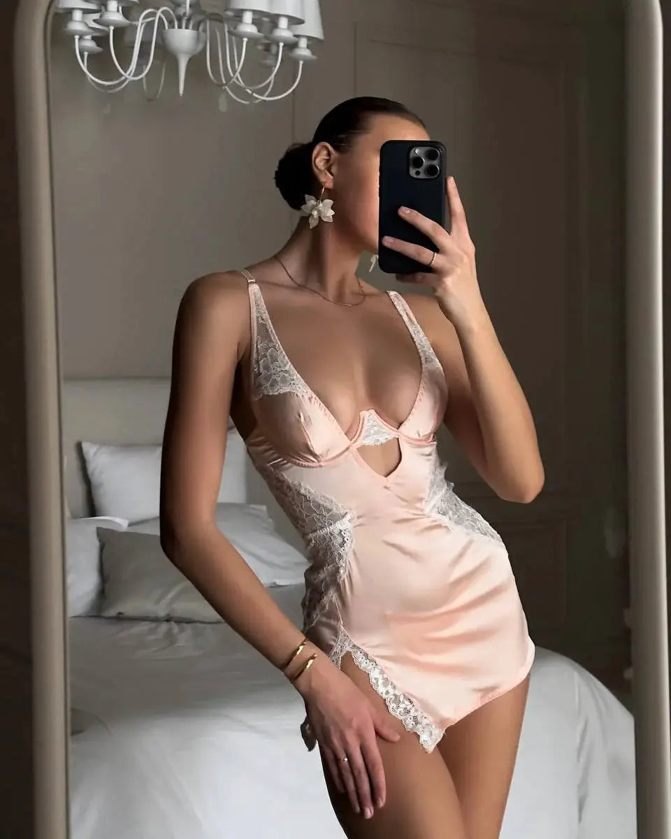 Ellolace Sexy Deep V Neck Satin Dress Seductive Lace Patchwork Nightwear Slip For Women