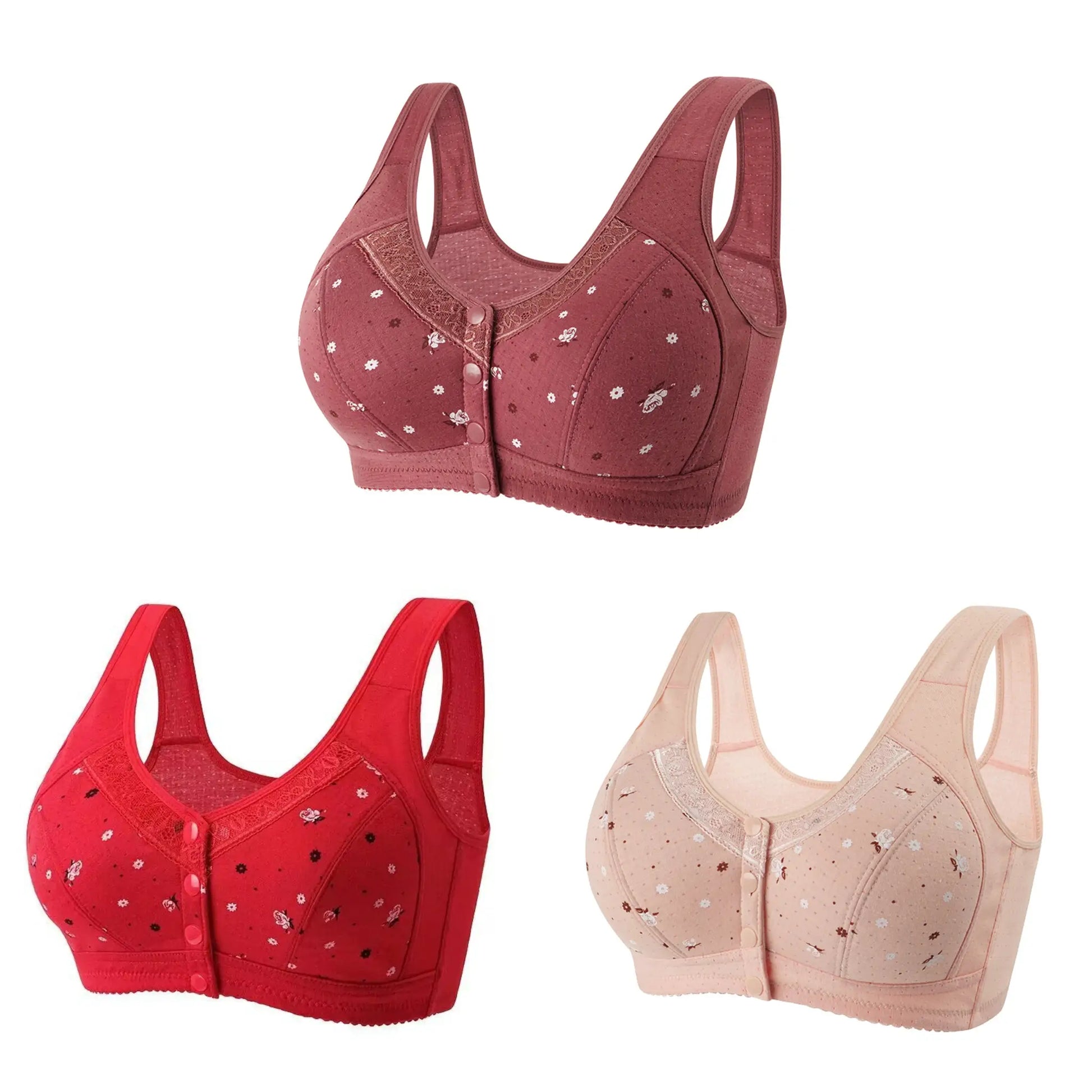 3-piece front-closure bra set in red, pink, and beige with floral lace patterns