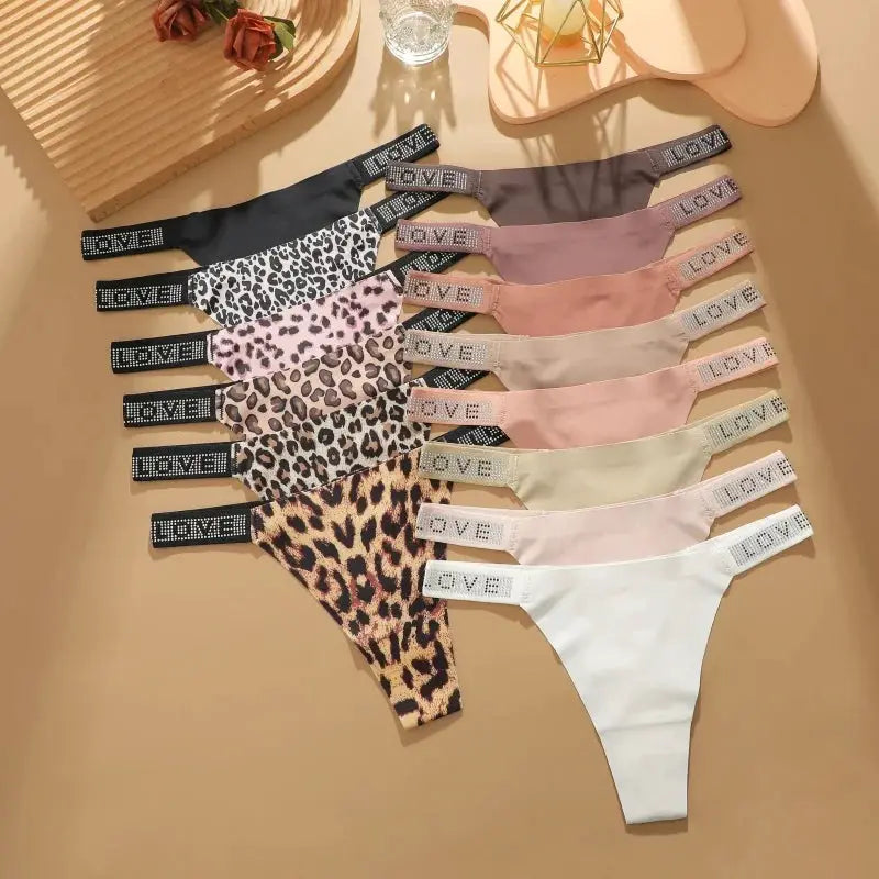 Thong underwear set with low waist and rhinestone LOVE waistband in assorted leopard and solid colors