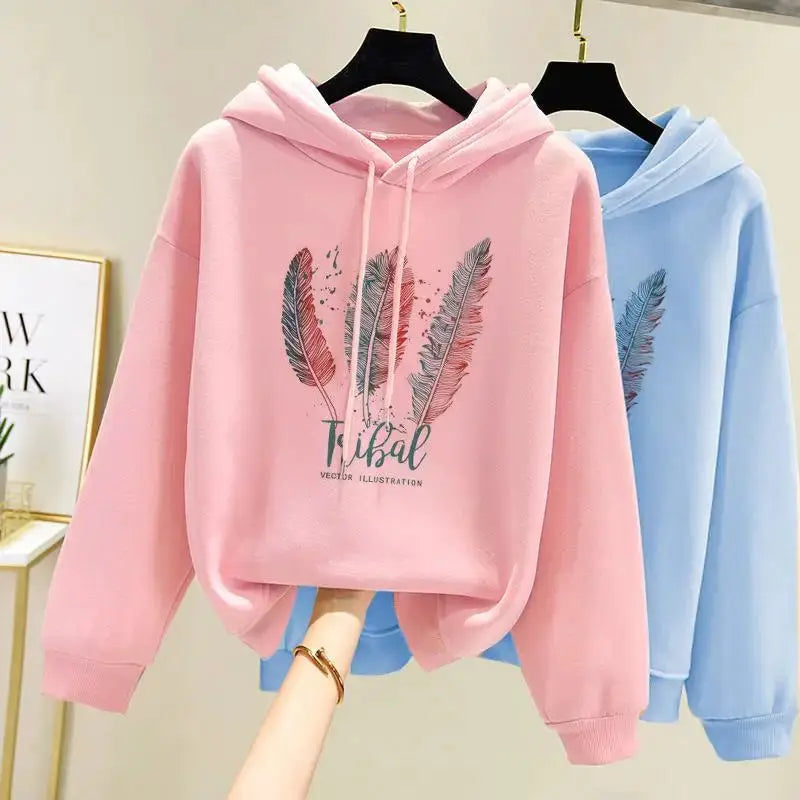 CozyNest Feather Print Hoodie With Velvet Lined Comfort For Women In Autumn And Winter Loose Fit