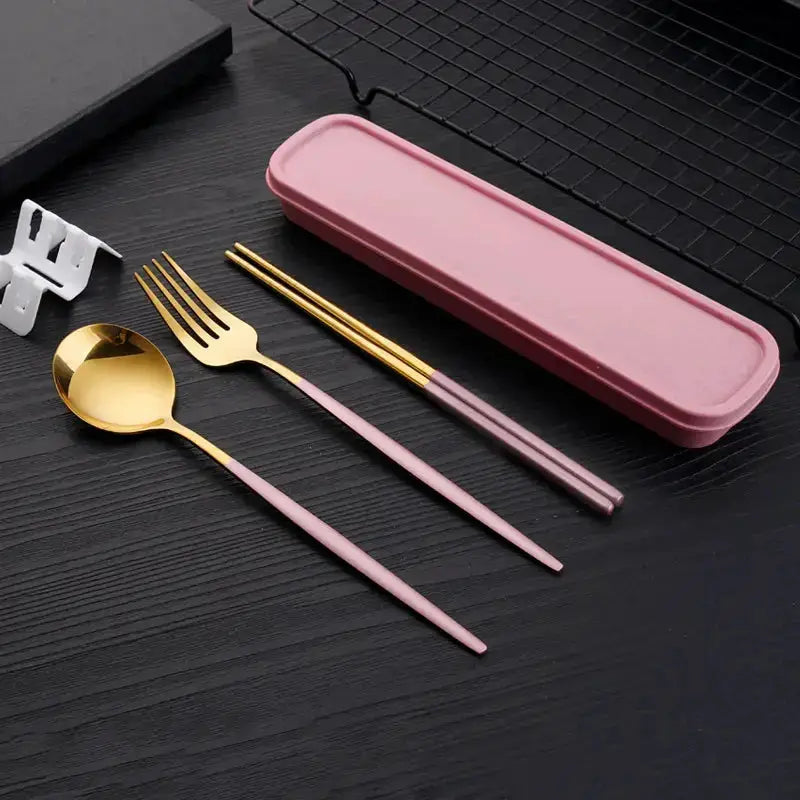 Three Piece Portable Stainless Steel Cutlery Set Chopsticks Forks Spoons For Students Home And Outdoor Picnics