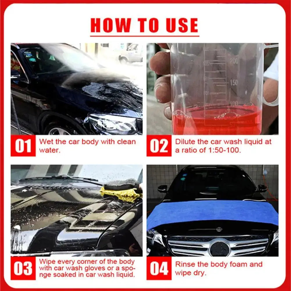 Simples Market 100ml red car cleaning foam liquid; how-to-use infographic with wet, dilute, wipe, rinse steps.