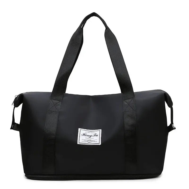 Carry-on duffle bag, black nylon waterproof with dual top handles, large capacity gym travel bag