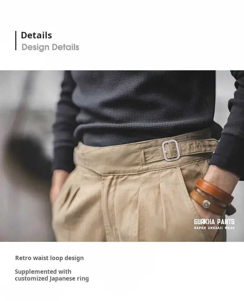 Maden Vintage Khaki Gurkha pants with adjustable high waist and belt, casual cargo style.