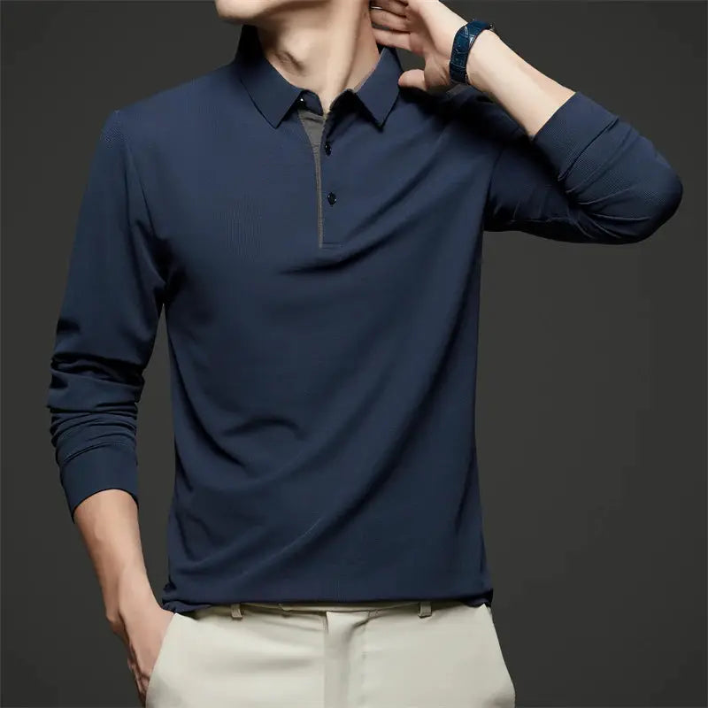Simples Market men's navy long-sleeve polo shirt, solid color, business casual top