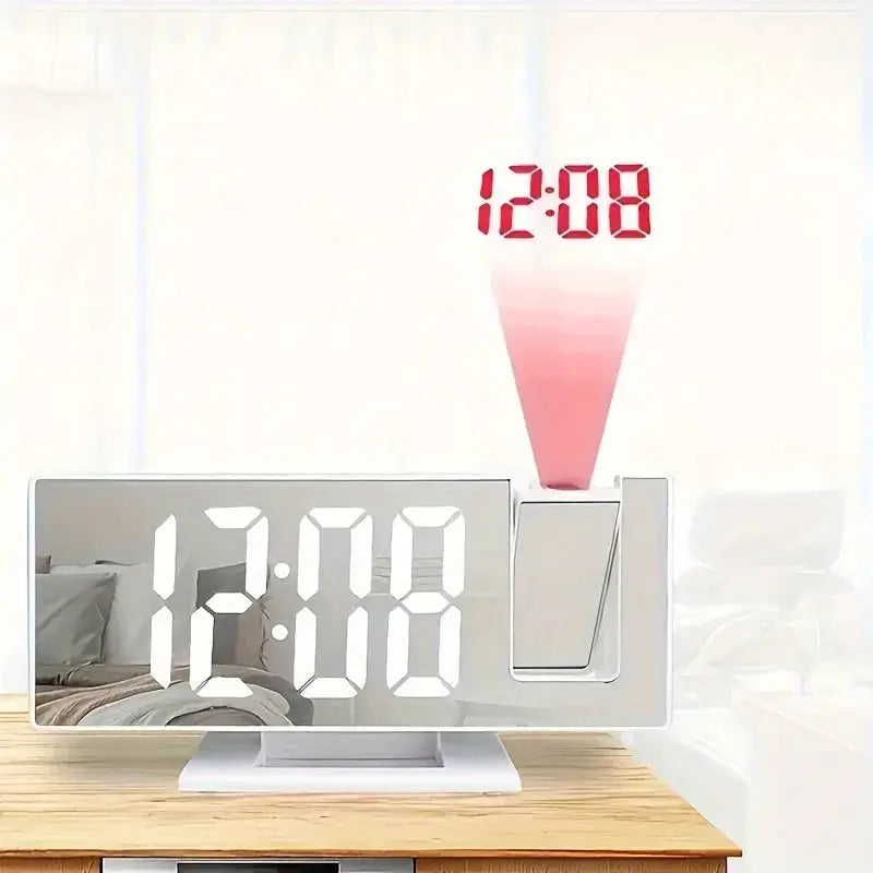 Projection alarm clock, white finish with large LED display and ceiling projection