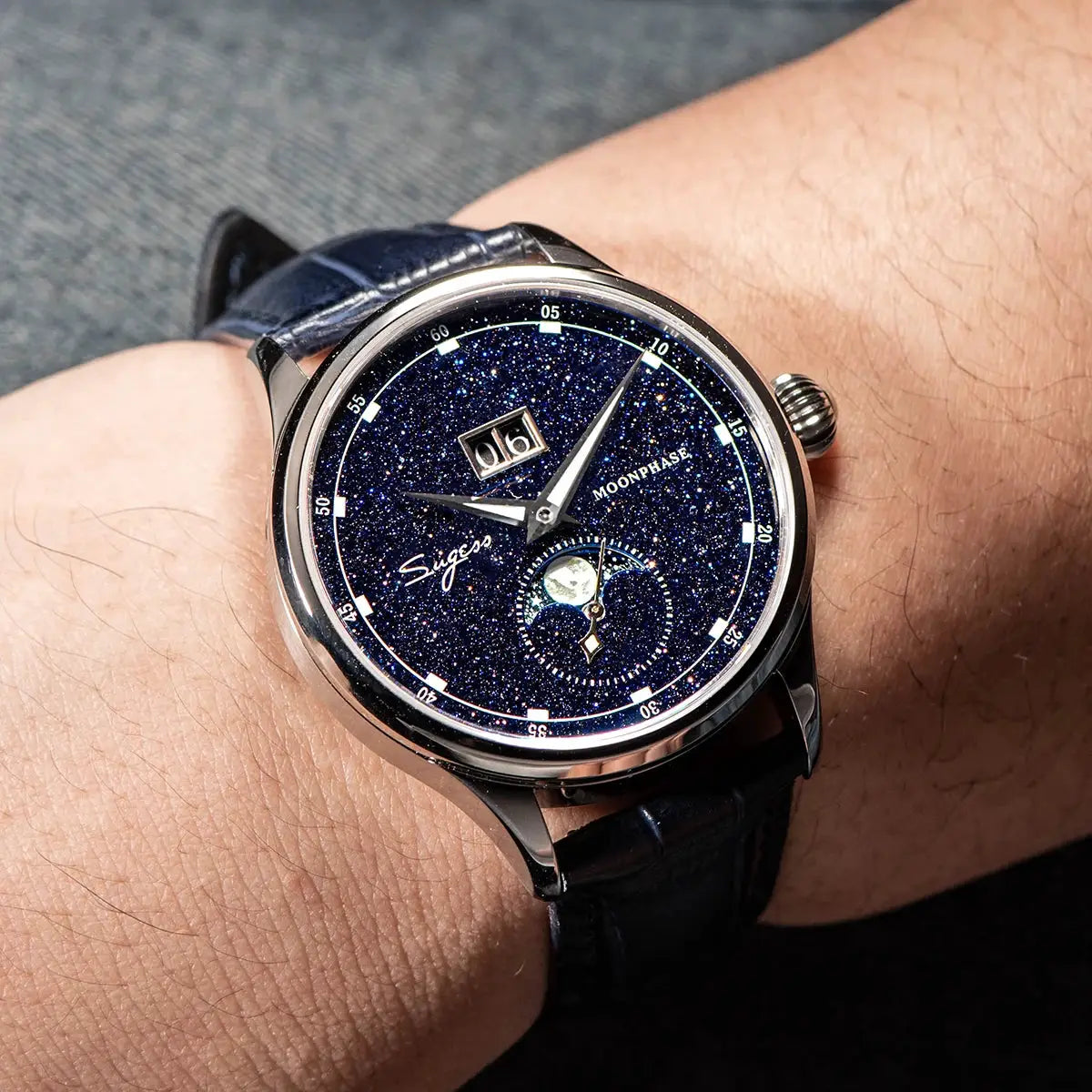 Sugess Moonphase men's 40mm automatic watch with stainless steel case and blue sandstone dial