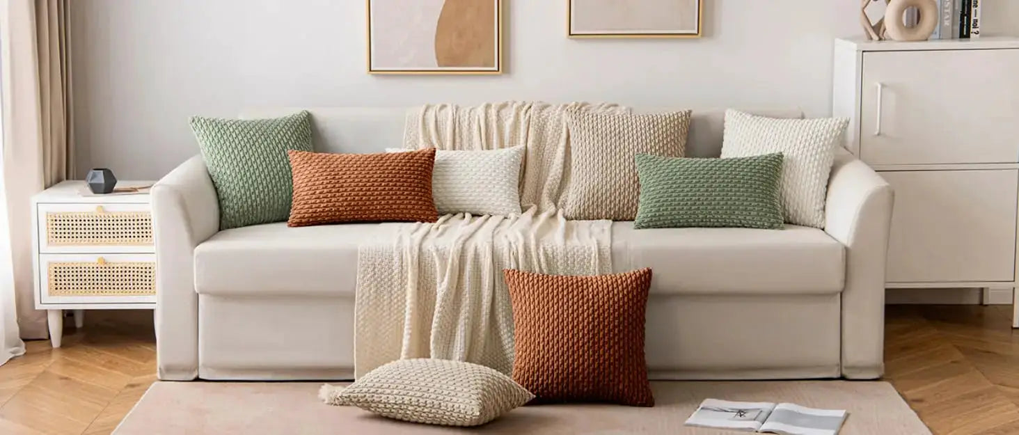 Fall decorative corduroy throw pillow covers in green and rust tones on a white sofa by Simples Market