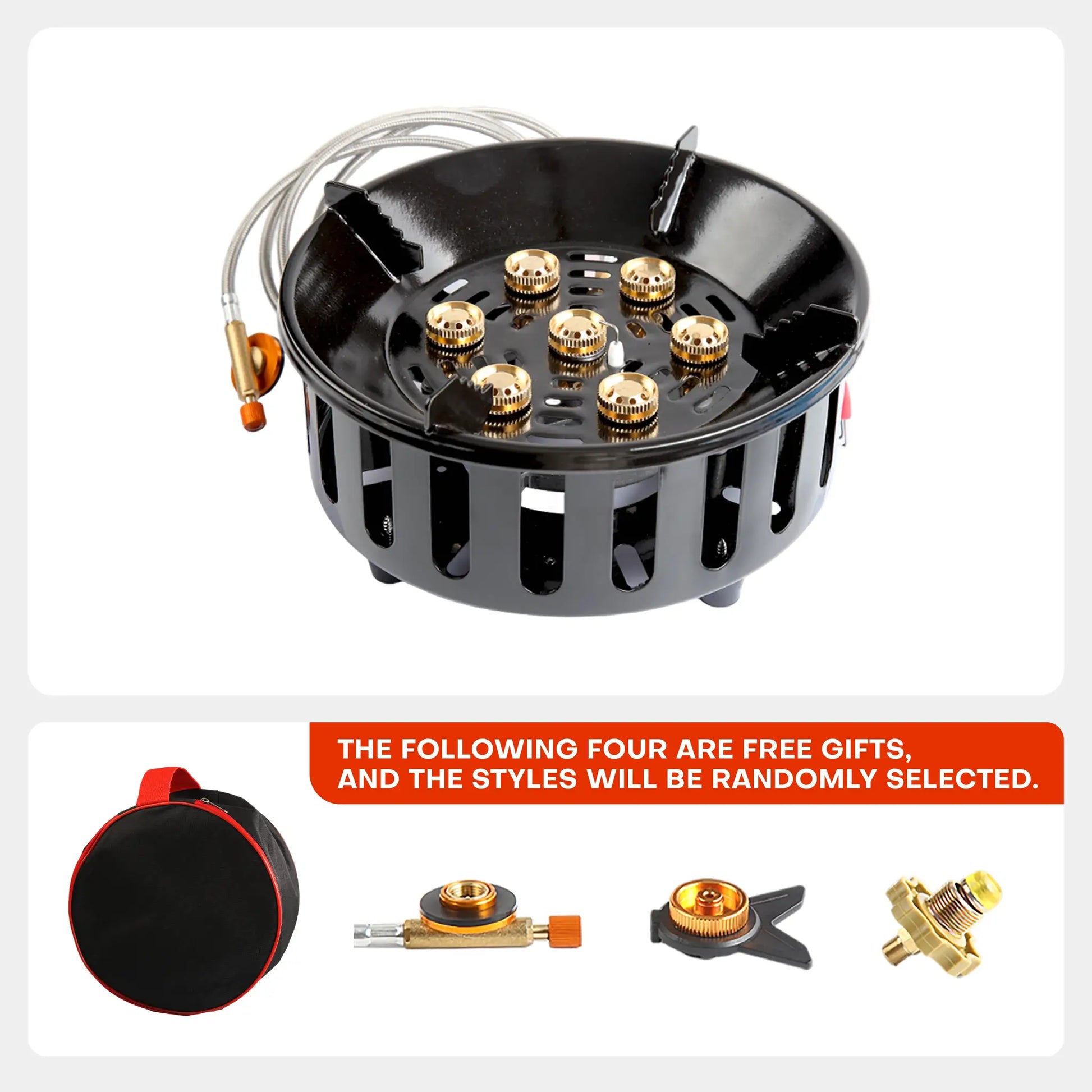 Simples Market 7-burner portable camping stove in black metal with brass burner heads and braided hose.