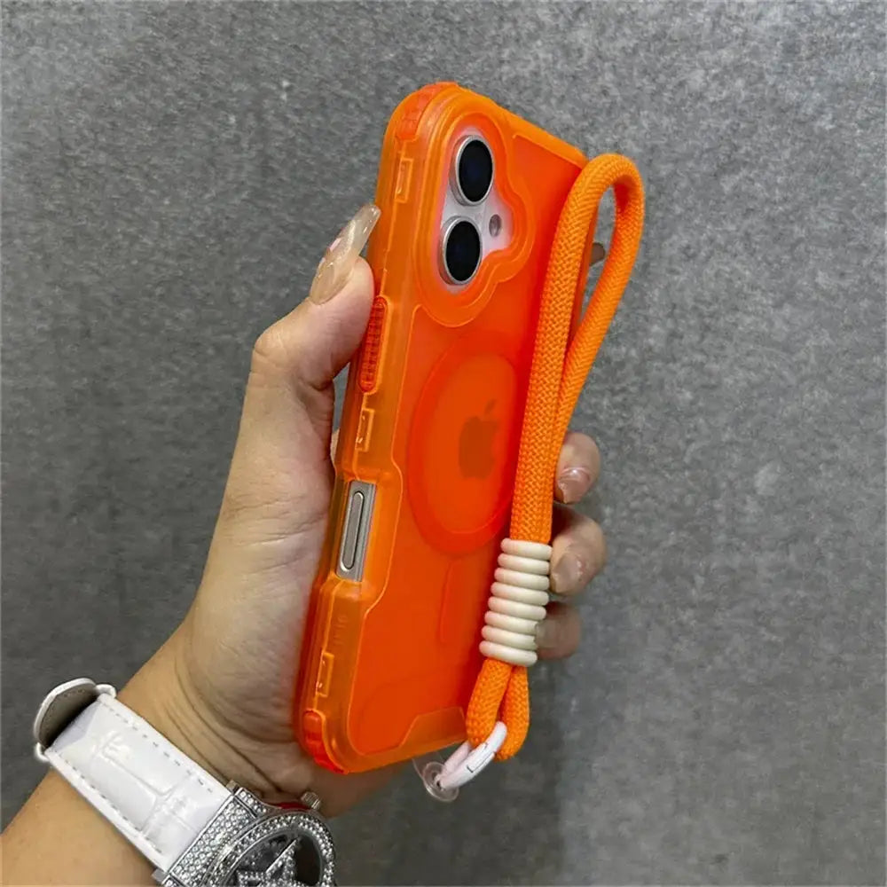 Luxury Armour Matte MagSafe phone case with orange wrist strap for iPhone, shockproof orange cover