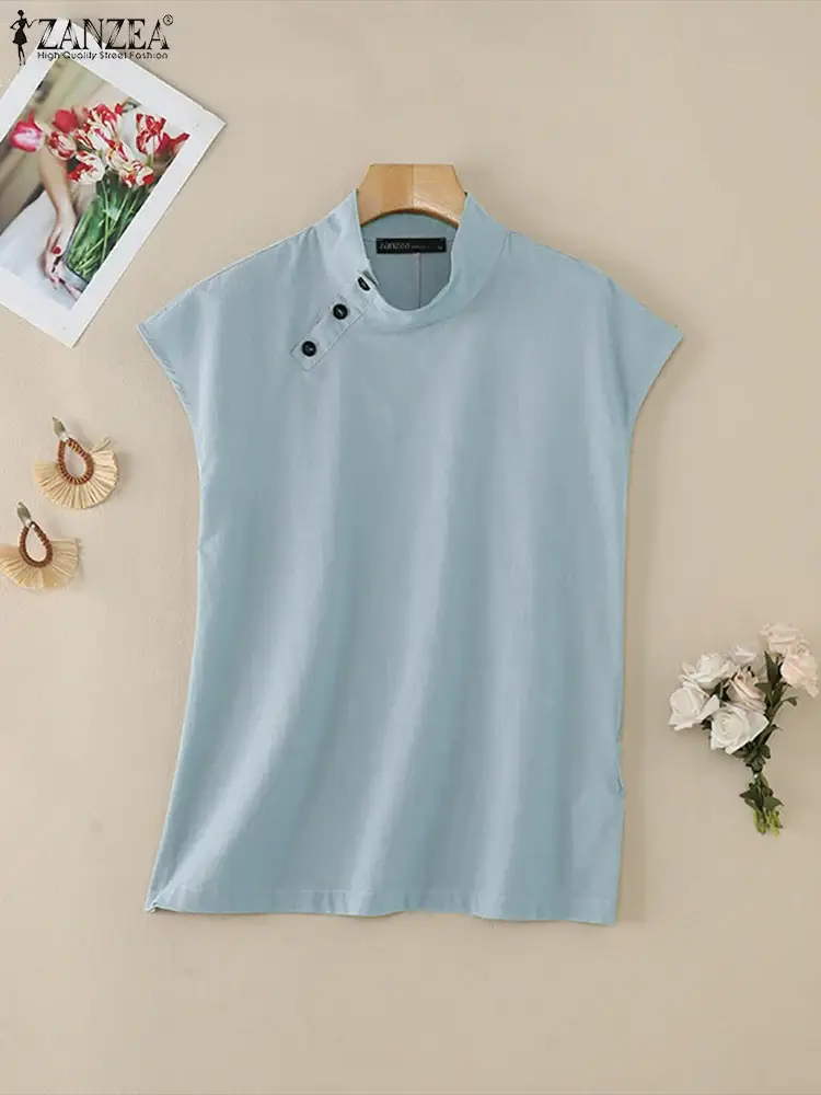 ZANZEA Women Blouses Cotton Linen Summer Top Short Sleeve Tunic