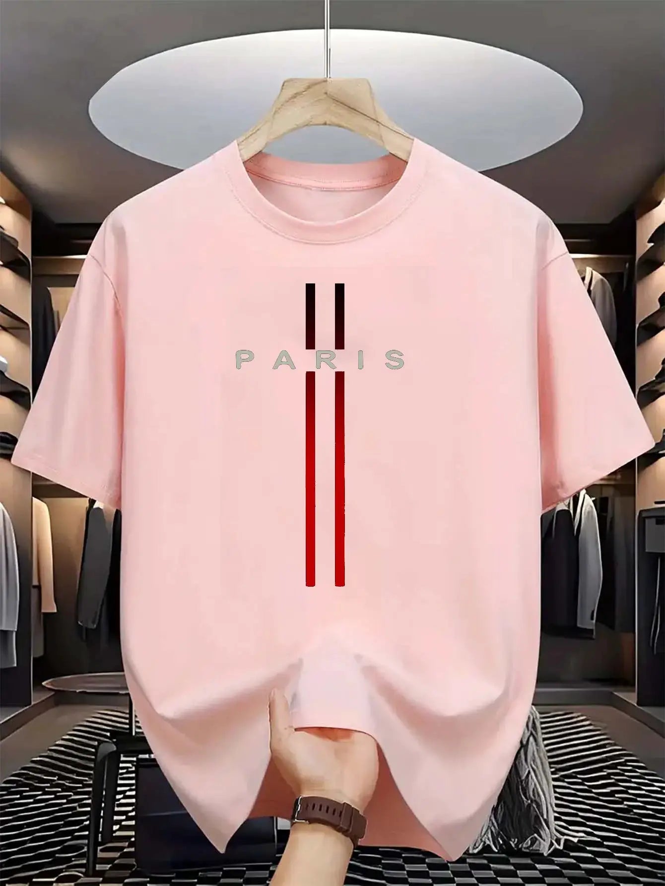 Men's 100 Percent Cotton Summer T Shirt Loose Fit Paris Letter Print Round Neck Short Sleeve Top
